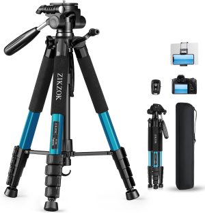75" Camera Tripod, Aluminum Heavy Duty Camera Stand for ipad Phone, Travel Tripod with/Carry Bag/Phone Tablet Holder, Compatible with Canon Nikon Sony DSLR, Spotting Scopes, Max Load 15 Lb(Blue)
